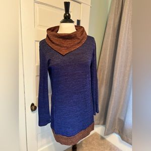 Amazon, Sz Med, Blue Dress with Brown Cowl Neck and elbow patches
